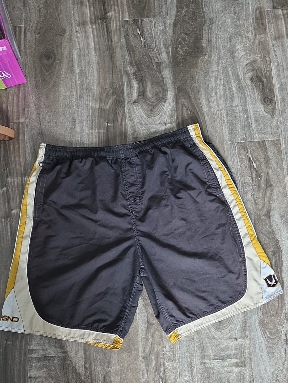 Vintage Men's Black Athletic Swim/Board Shorts with Yellow Trim